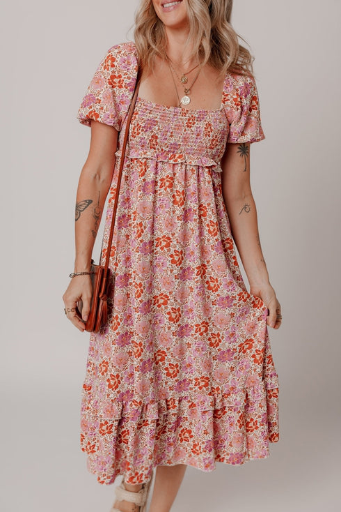 Pink Floral Square Neck Knotted Ruffle Midi Dress